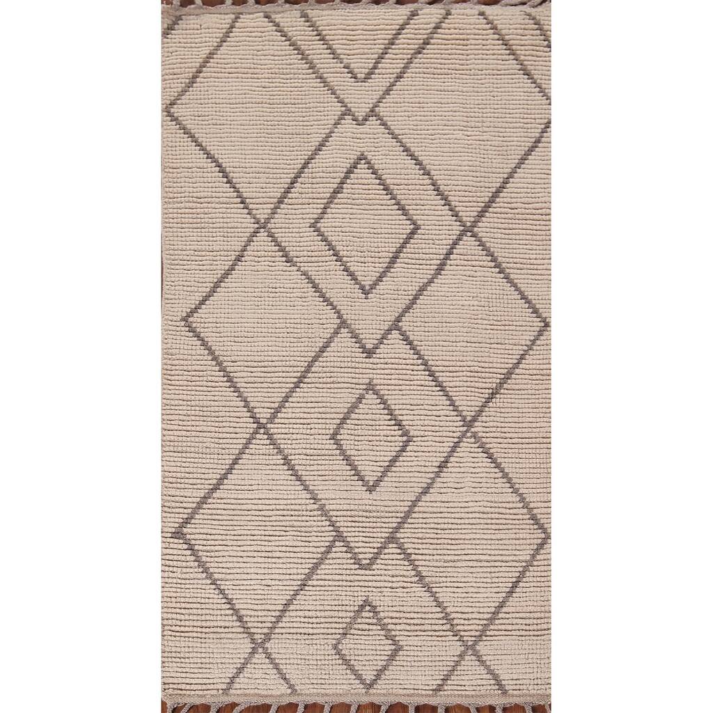 Striped Ivory Moroccan Oriental Accent Rug Handmade Wool Carpet - 2'10"x 5'9"