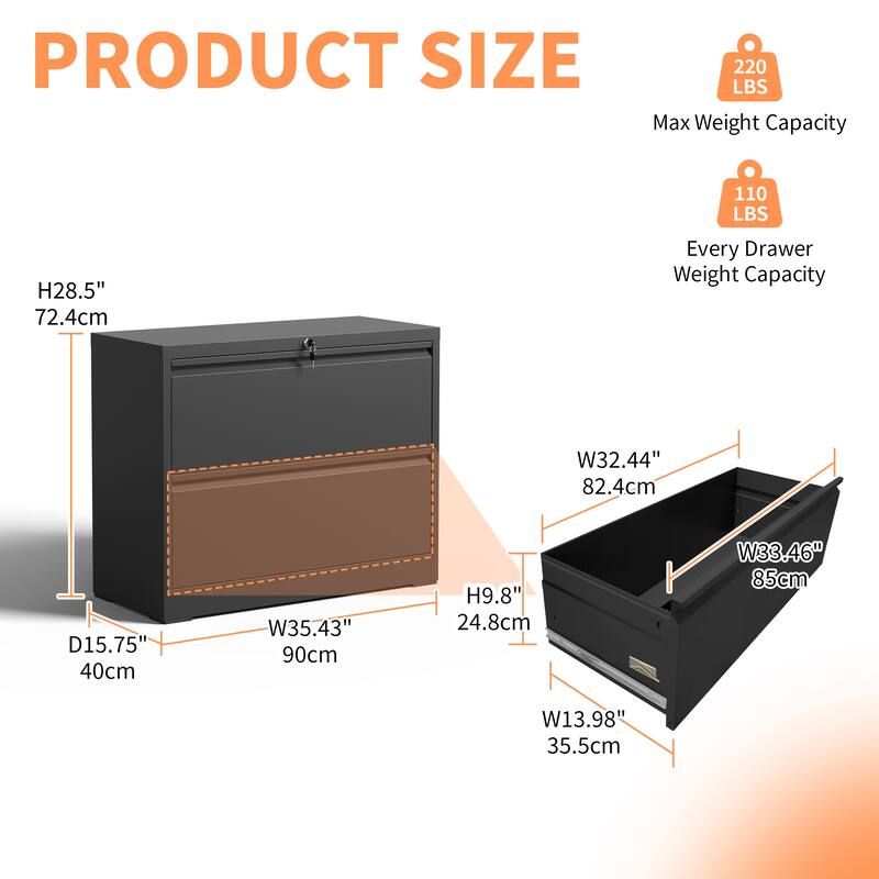 2 Drawer Lateral File Cabinet,Black Filing Cabinet with Lock, Lockable File Cabinet for Home Office,Locking Metal File Cabinet