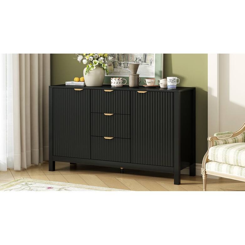 Cabinet with Wave Design 3 Adjustable Shelves,3 Drawers & Soft-Close Doors,Storage Console Table with Metal Handles,Suitable