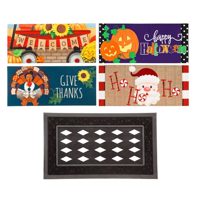 Sassafras Fall Holiday Set of 5 Door Mats with Rubber Display Frame, Collection #7 - Multi-Color