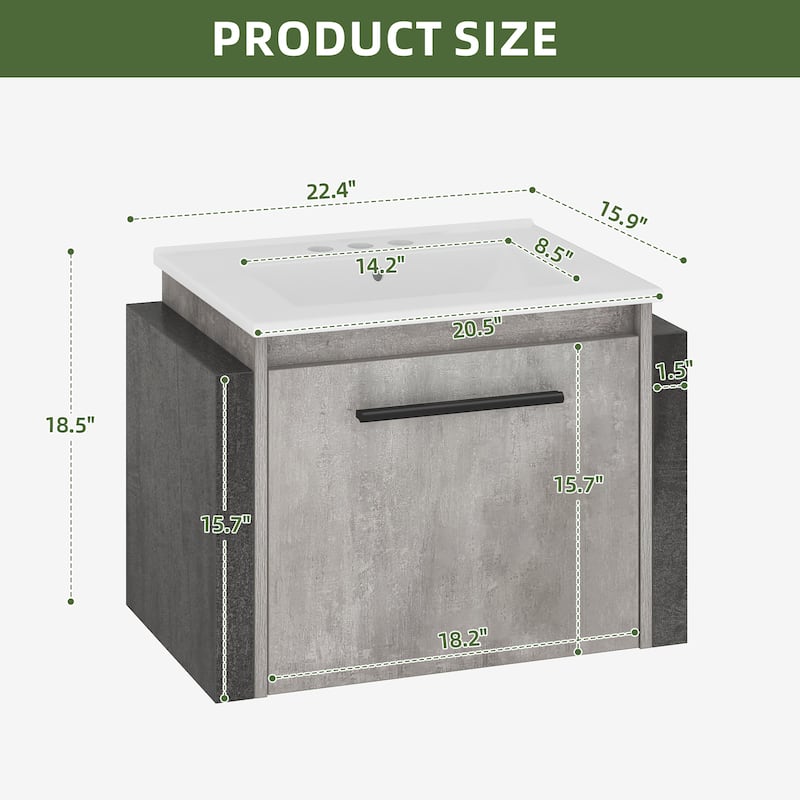 Moasis 22 Inch Wall Mounted Bathroom Vanity with Ceramic Sink and Soft Close Doors Grey