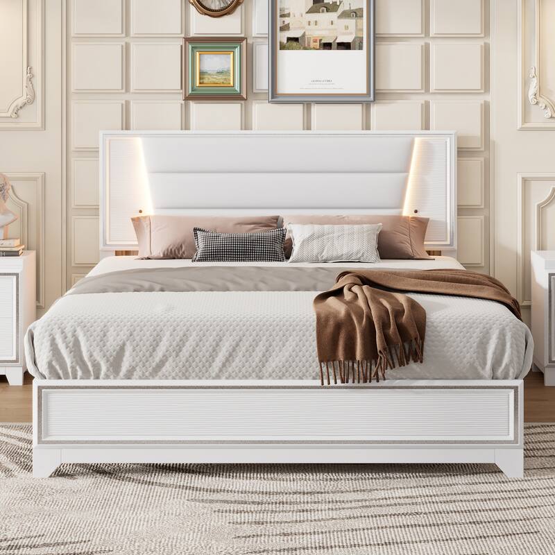 PU Upholstered Queen Size Bed with LED Light Strips - White