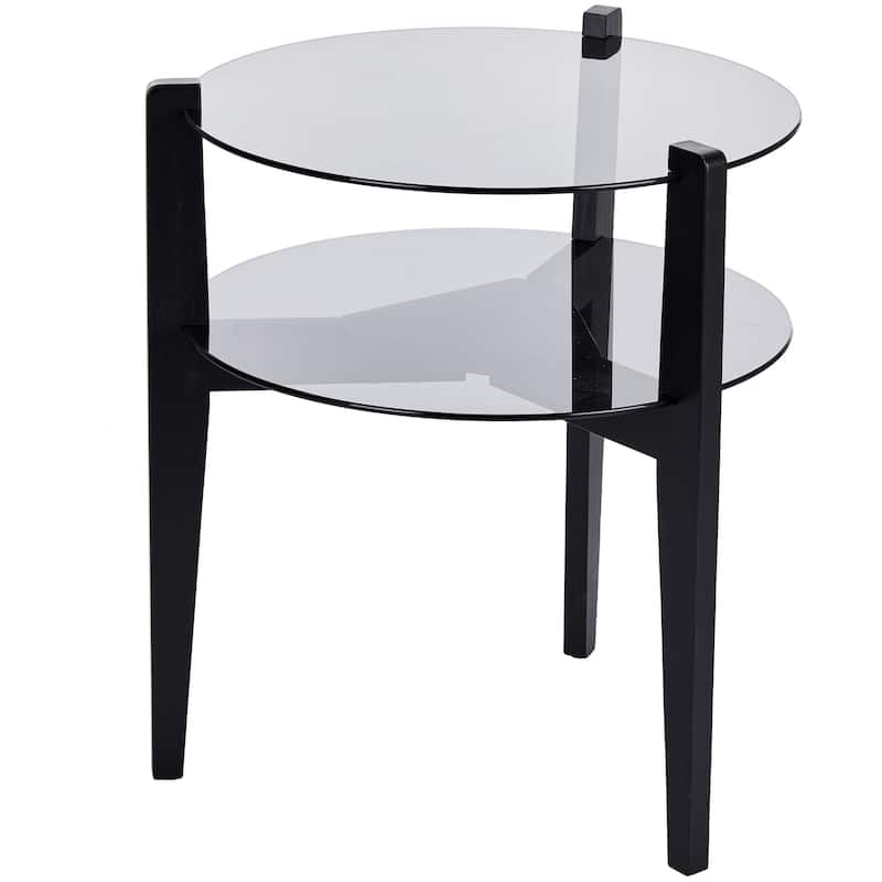 24 Inches 2-tier Glass Round End Table with Shelf and Wooden Legs - Black - Glass
