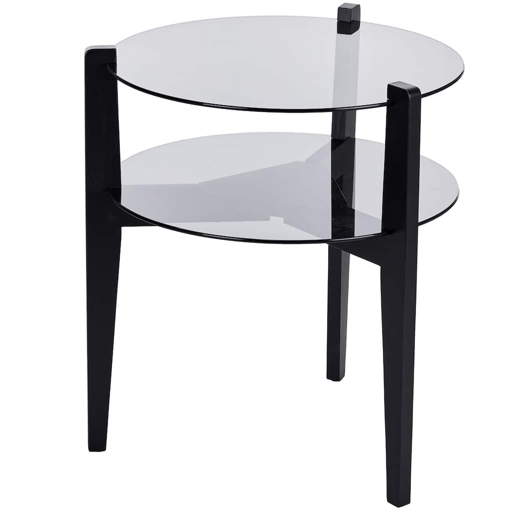 24 Inches 2-tier Glass Round End Table with Shelf and Wooden Legs