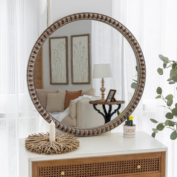 COZAYH Distressed Wood Frame Accent Mirror Rustic Farmhouse Style Decorative Wall Mirror Round Light Brown