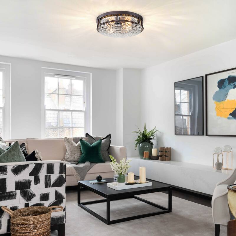 Farmhouse 2-Light Flush Mount Light with Water Ripples Glass