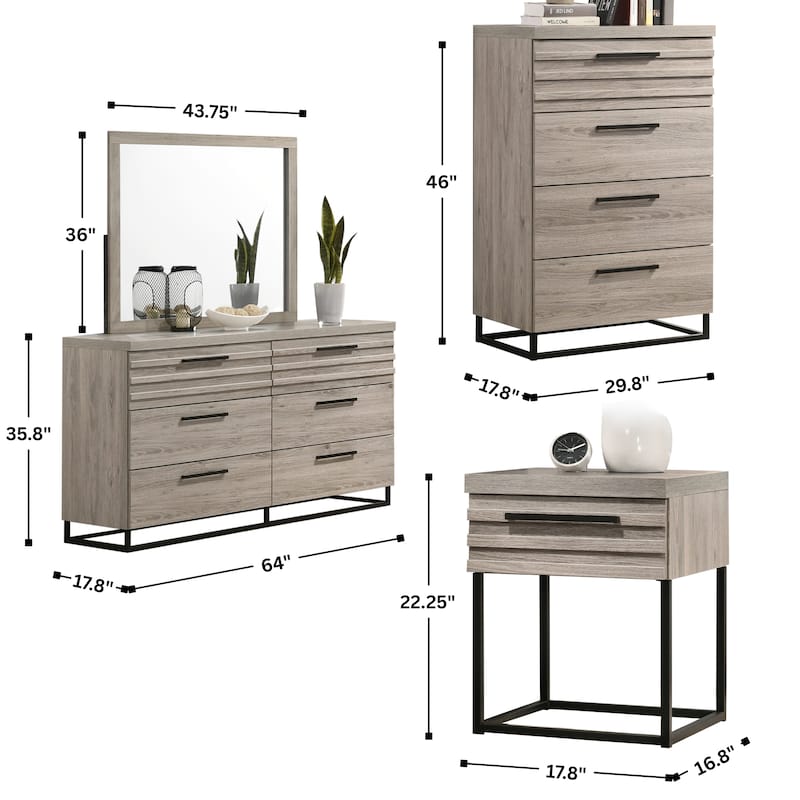 Roundhill Furniture Alvear Upholstered Wood Panel Bed, Dresser, Mirror, 2 Nightstands, and Chest, Weathered Gray