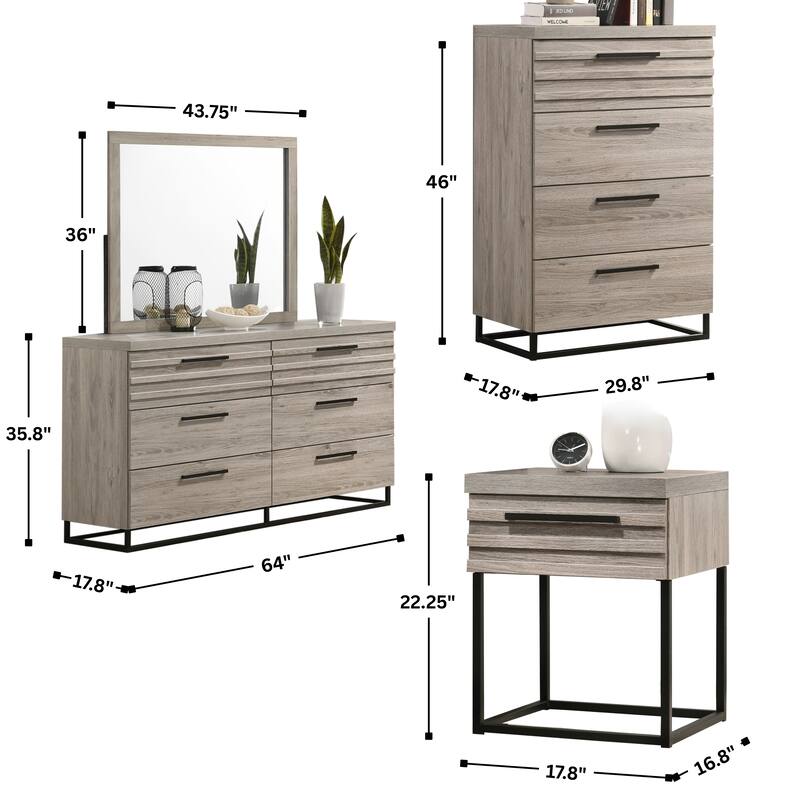 Roundhill Furniture Alvear Upholstered Wood Panel Bed, Dresser, Mirror, Nightstand, and Chest, Weathered Gray