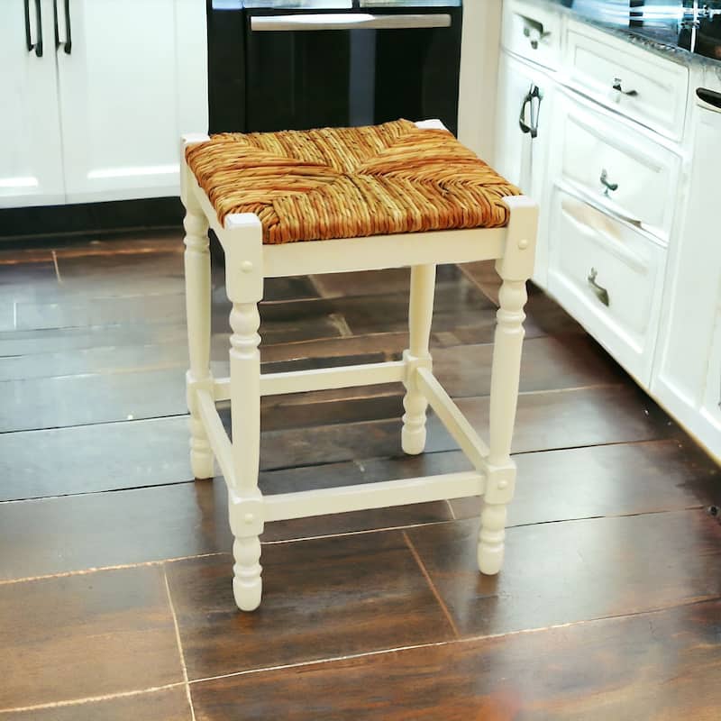 HomeRoots 24" Natural And Antiqued White Solid Wood Backless Counter Height Bar Chair With Footrest - 16.5