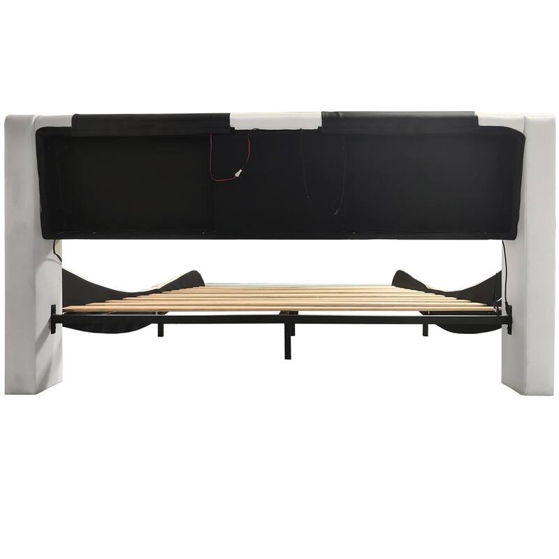 White Leather Upholstered King Platform Bed with LED Lights, Bluetooth Music, and Massage Function
