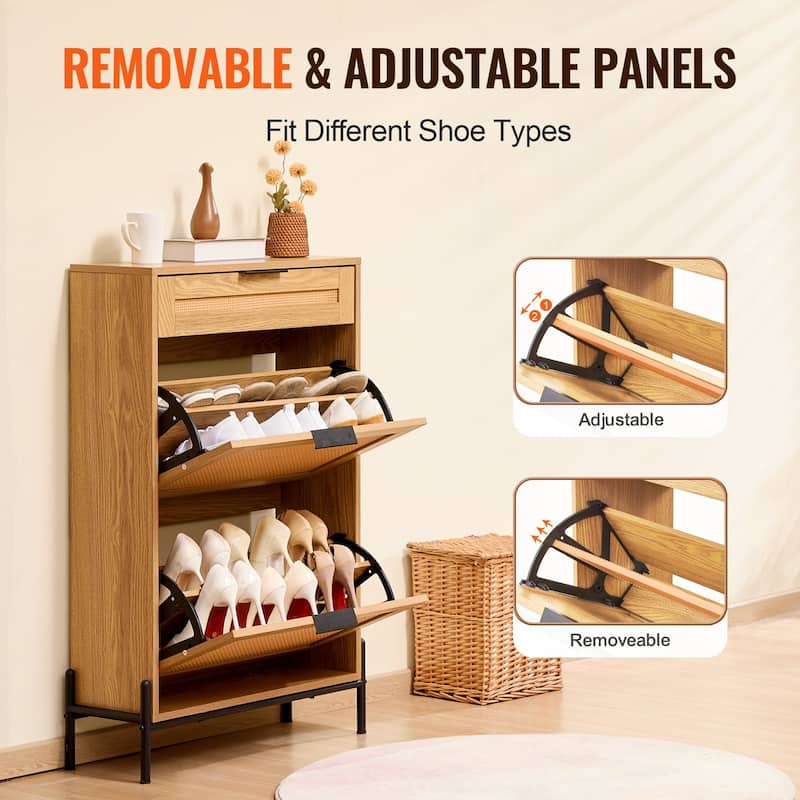 Modern Rattan Shoe Cabinet Narrow Wood Entryway Storage with Flip Drawers and Metal Legs - 25.47 x 10.35 x 40.47 inches