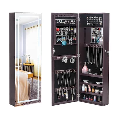 Full Mirror Wall Mounted Brown Jewelry Armoires Cabinet