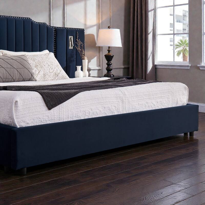 Modern Upholstered Bed Frame with Velvet Headboard, Vertical Channel Button Design, Integrated Nightstand, Platform Support