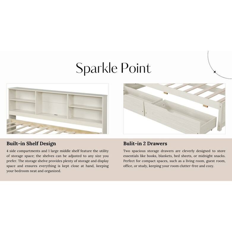Kids Bookcase Bed Storage Daybed Twin Size Platform Bed with Built-in Convenient Charging Station, Drawers and Shelves