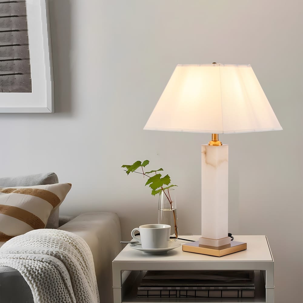 Alabaster White & Gold Desk Lamp, Metal Table Light with Rectangular Shade - 30"