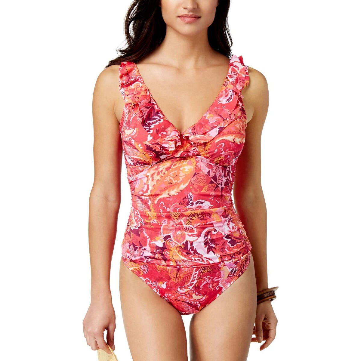 Shop Lauren Ralph Lauren Womens Ruffled Tummy Control One Piece Swimsuit 6 Coral Overstock 28169622