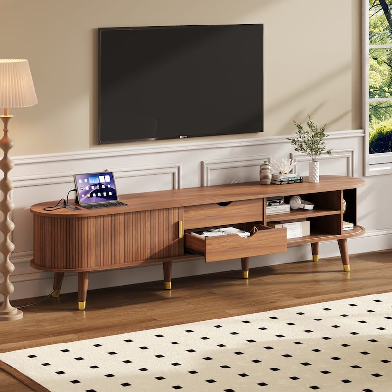 Tv Stand With Charging Station For Tv Up To 80",Mid-Century Media Console With Sliding Tambour Door,Tv Cabinet