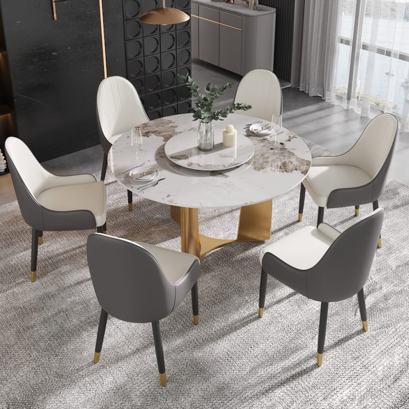 53" Modern Round Dining Table with Marble Top for 4-6, Sintered Stone Kitchen Table with Dining Table with Metal Legs - 1.35P+60P+Gold