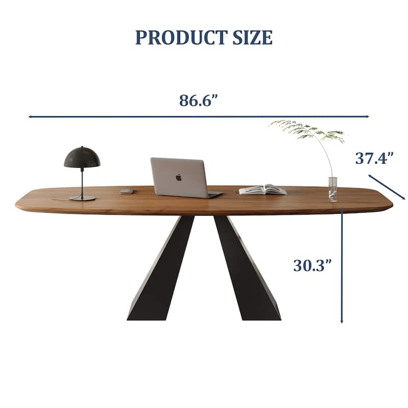 86.6" Modern Large Writing Desk,Brown Solid Wood Table top, Carbon Steel Base