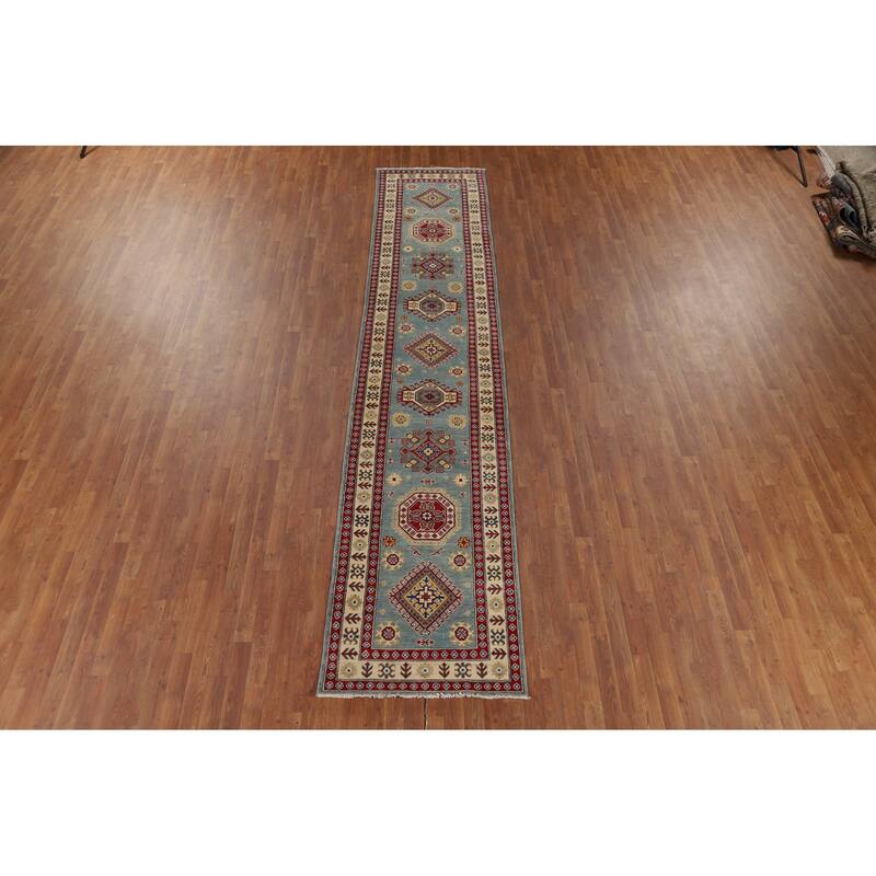 Light Blue Kazak Oriental Runner Rug Hand-Knotted Wool Carpet - 2'11" x 13'9"