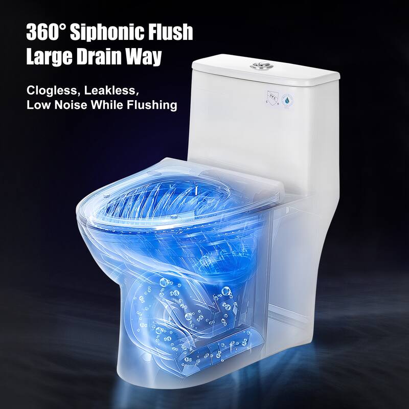 One Piece Toilet Elongated Floor-Discharge Dual Flush Glossy White