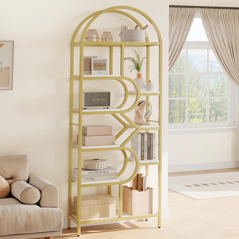 6-Tier Arched Bookshelf, Geometric Freestanding Bookcase and Open Display Storage Rack