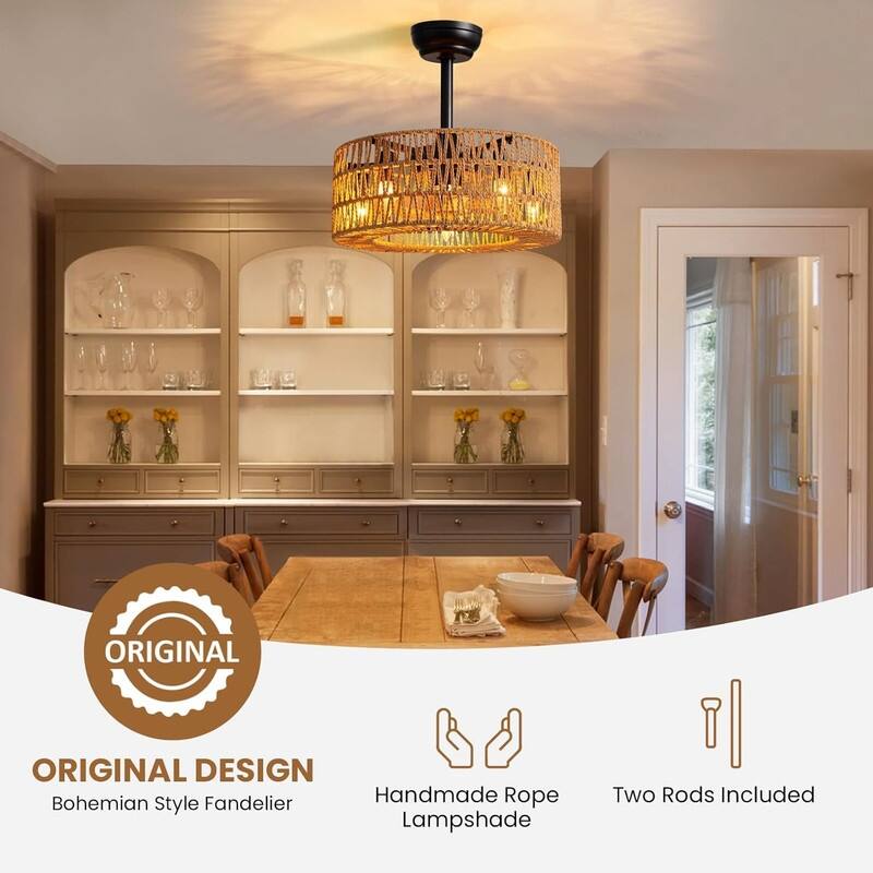 18 in. Boho Caged Ceiling Fan with Light Rattan Farmhouse Fandelier Low Profile Ceiling Fan for Bedroom Kitchen Living Room