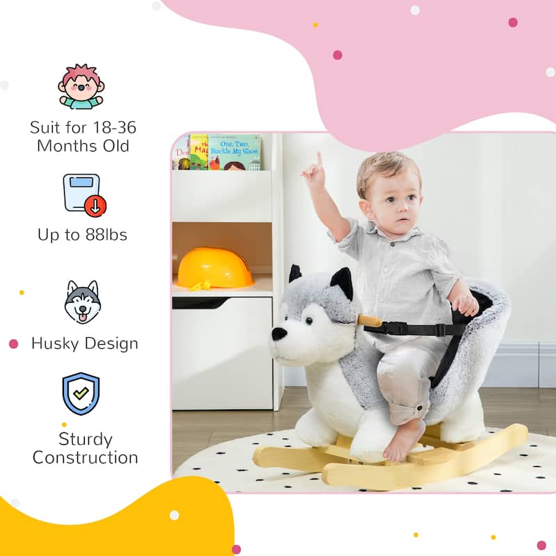 Plush Husky Dog Rocking Horse with Wooden Base and Safety Belt for Toddlers 18 to 36 Months with Animal Sounds
