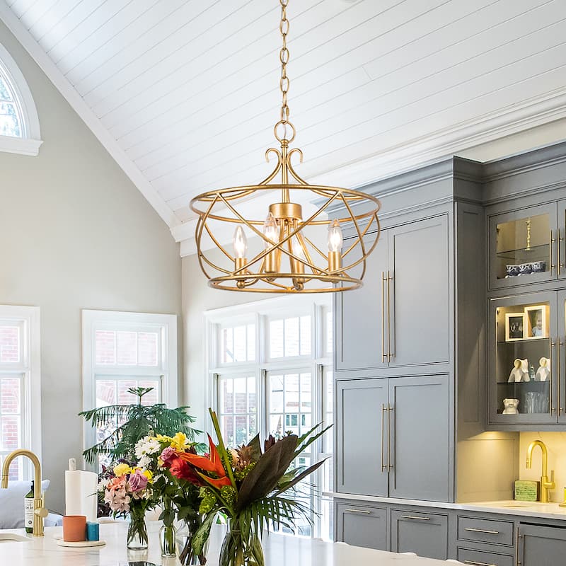 Rella Modern Gold Globe Cage Drum Chandelier Adjustable Foyer Farmhouse Pendant Light