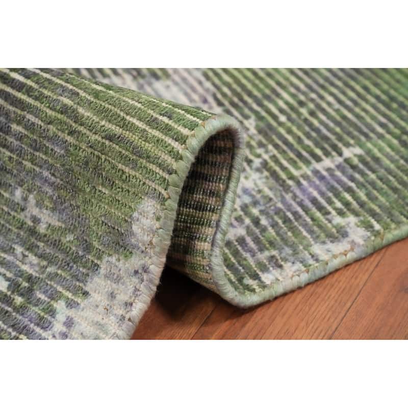 Hand Knotted Oriental Viscose Silk Carpet Modern All-Over Green Abstract Area Rug - 4' 0'' X 2' 0''