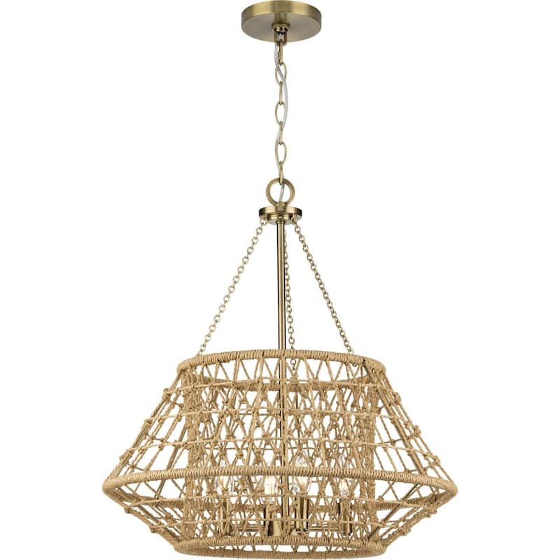 Laila Collection Four-Light Vintage Brass Coastal Chandelier with Woven Jute Accents - 22.37 in x 22.37 in x 23.62 in