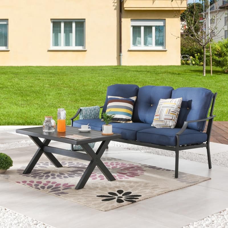 Patio Festival 2-Piece Outdoor Metal Sofa with Coffee Table Set - Dark Blue