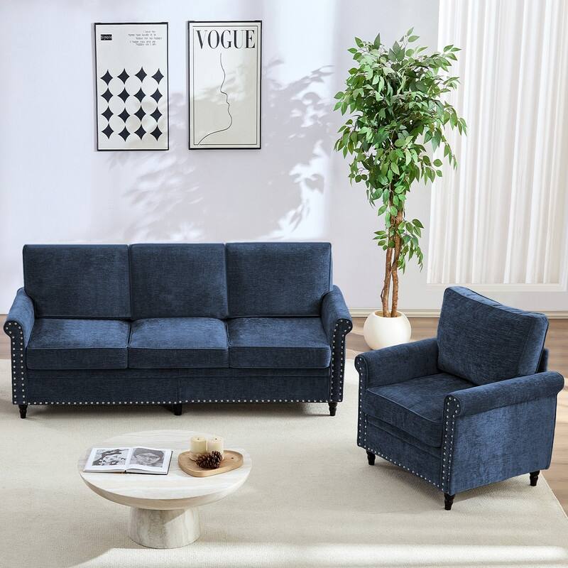 Mixoy Chenille Fabric 3-Seater Sofa Couch with Single Sofa Chair with Rivet Design,Solid Wood Gourd Legs for Living Room - 3+1