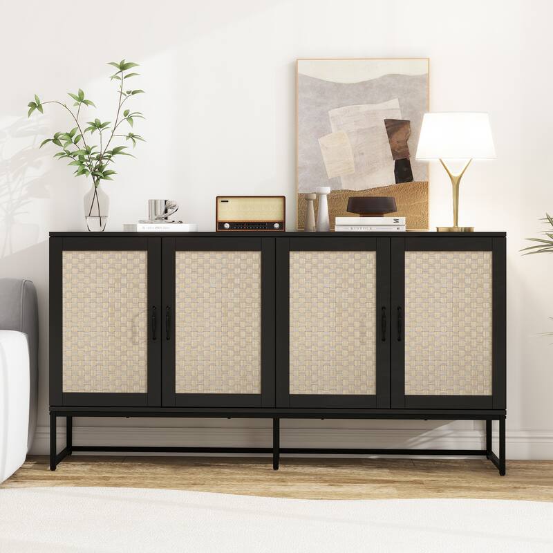 Engineered Rattan Buffet Accent Storage Cabinet 4-Door Sideboard with Adjustable Shelf, Cupboard Console Table Hallway Cabinet