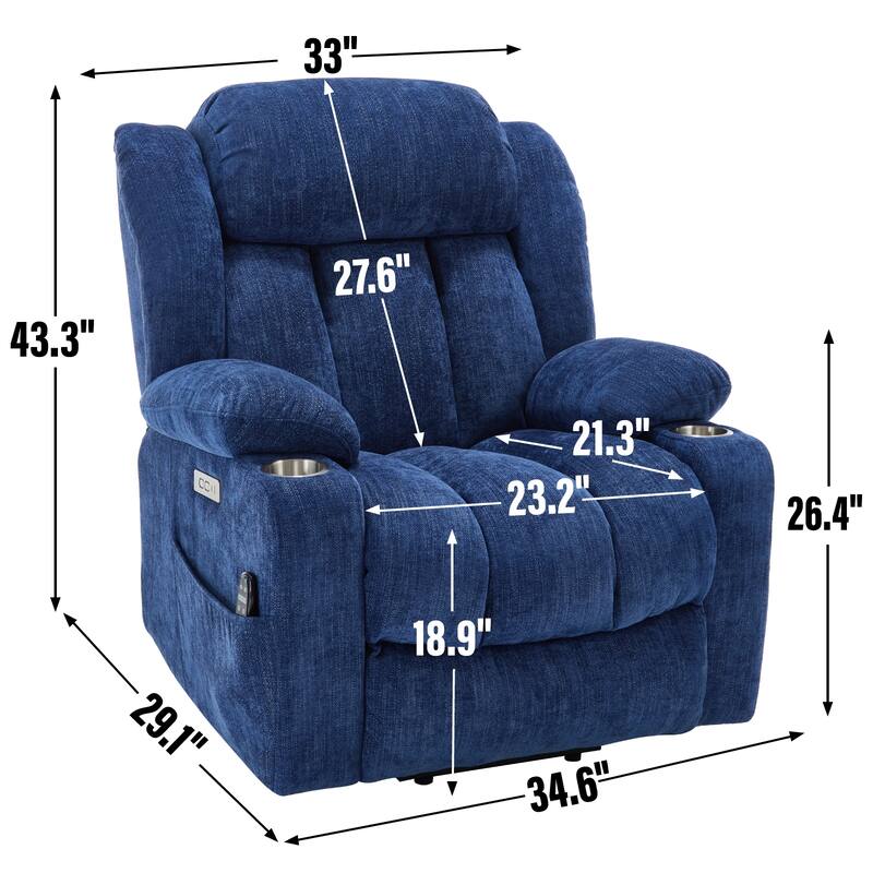 Chenille Power Lift Recliner Chair with Heat & Massage, Adjustable Reclining Sofa with USB Charge Port & Cup Holders