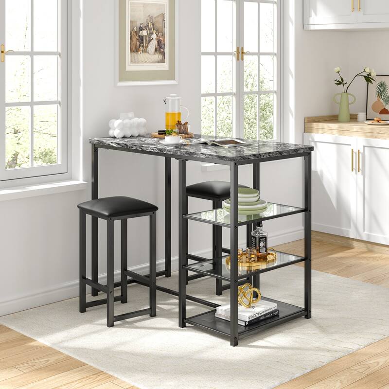 Javlergo 3-Piece Dining Table Set with 2 Backless PU Padded Chairs Space Saving Design Pub Set White/Oak & Black/Marble Options