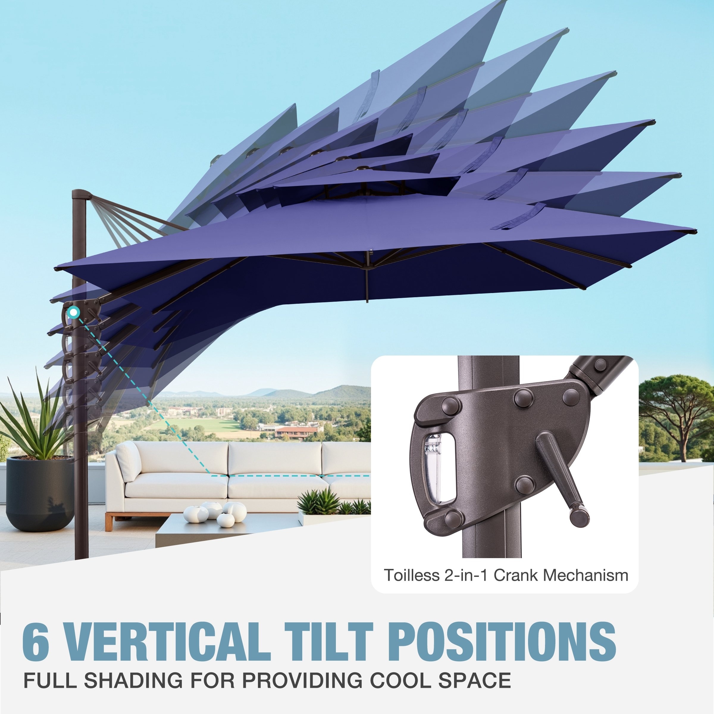 cantilever patio umbrella 6 ft Amazon.com : with Cross Base, 10 Shade for 2-6 People, Outdoor Offset Design with Infinite Tilt and Crank Lift, Fade-Resistant Cross Base Canopy for Deck Pool Garden Backyard,Navy Blue tier vented top bleeds off wind pressure for steadier coverage VredHom Dual Top Wind Vent