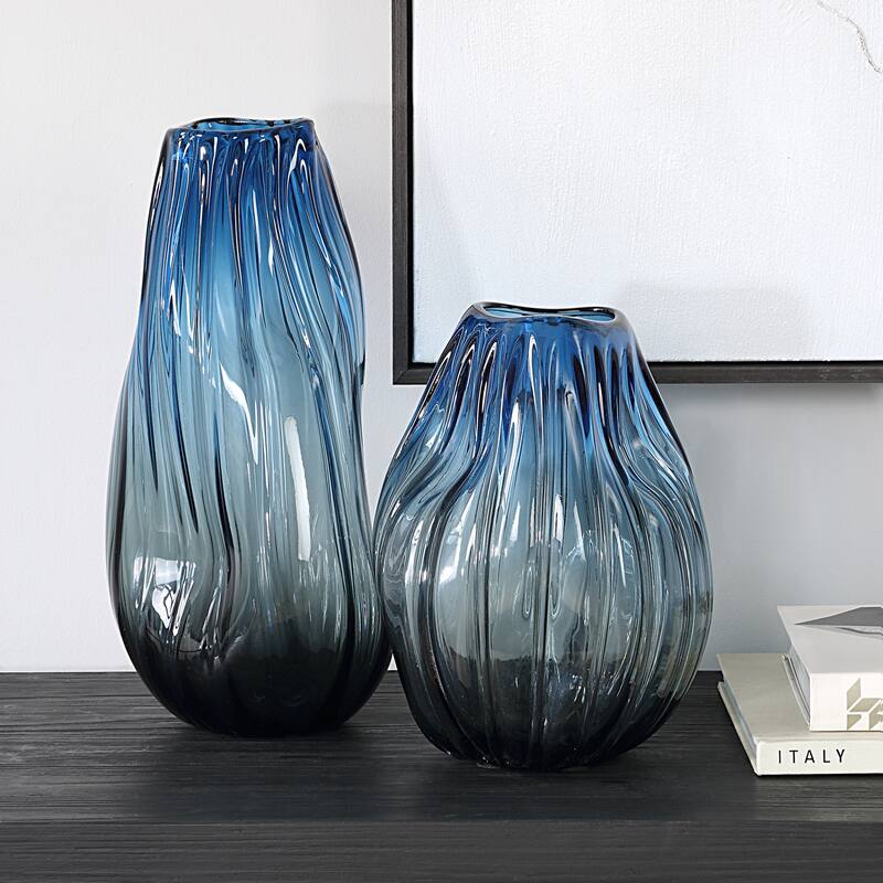 Ombre Swirl Glass Vases - 15" - Blue and Black - Set of 2
