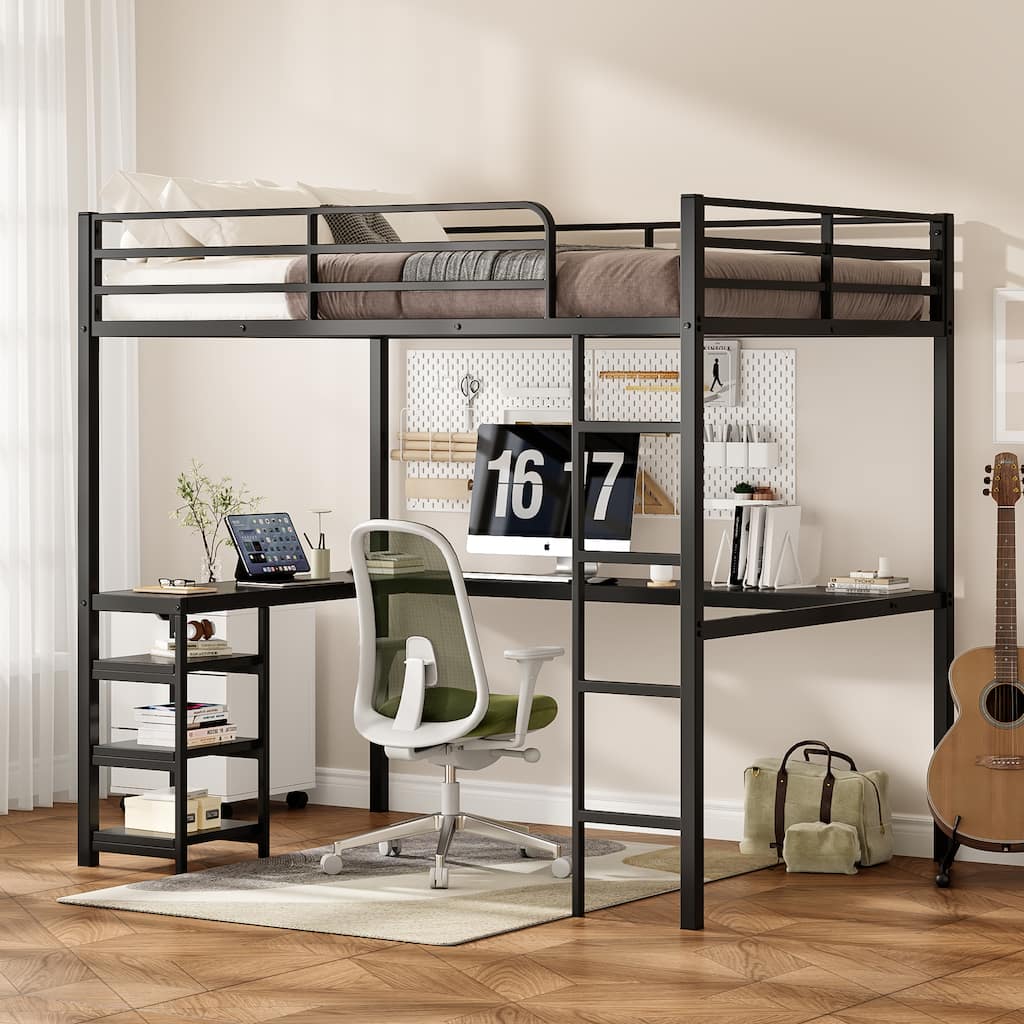 Full Size Loft Bed with Desk & Open Shelves, Heavy Duty Metal Bed Frame with Safety Guardrails & Ladder