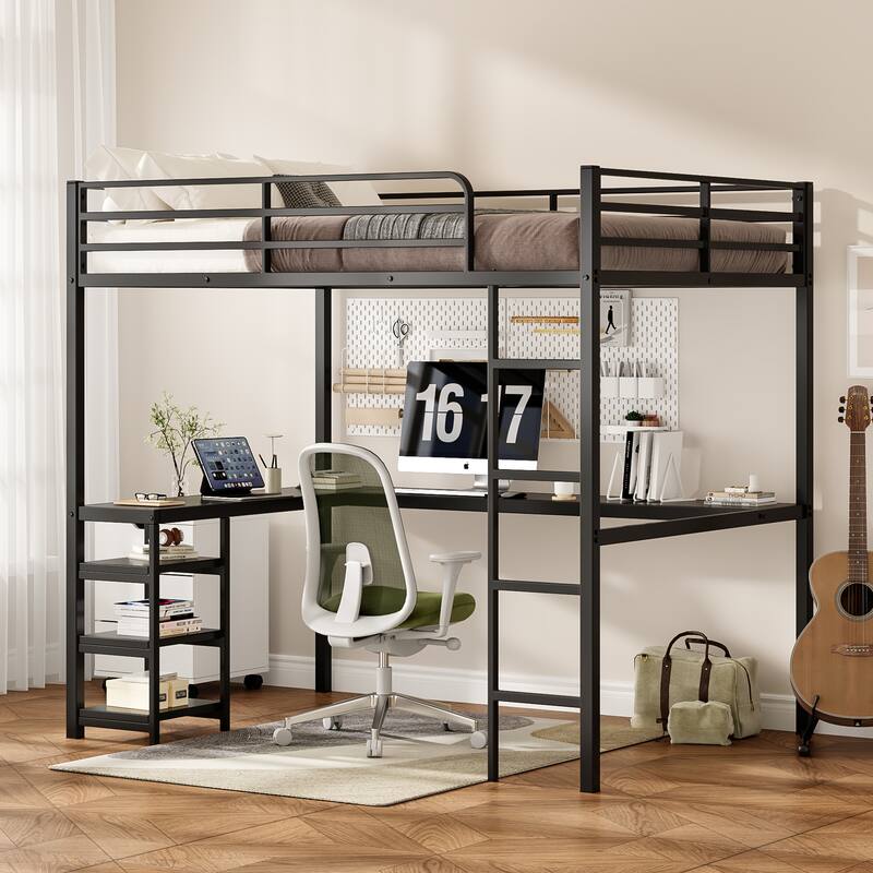 Full Size Loft Bed with L-Shaped Desk, Open Shelves, and Safety Guardrails, Heavy Duty Metal Frame, Black - Black