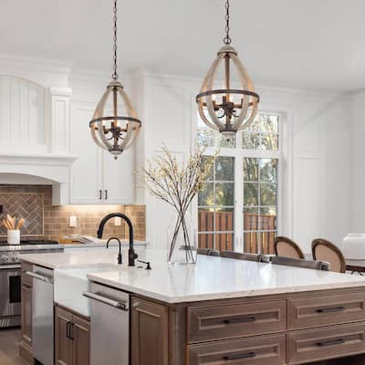Clovy Farmhouse 4-Light Wood Lantern Chandelier for Kitchen Island Foyer Staircase