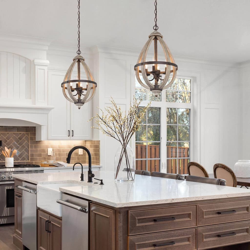 Clovy Farmhouse 4-Light Wood Lantern Chandelier for Kitchen Island Foyer Stairwell