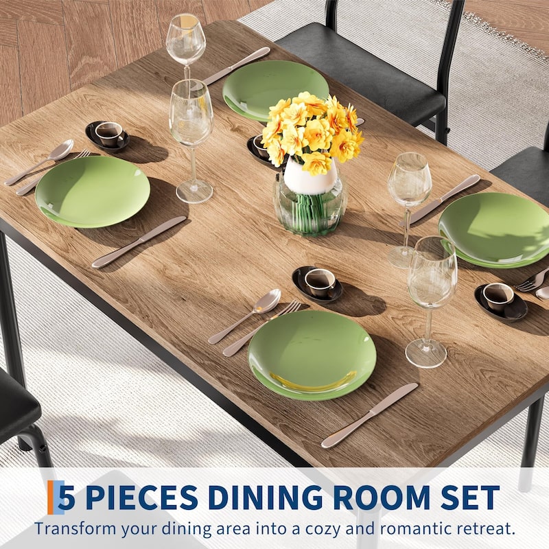 5 Piece Dining Table Set for 4, Small Industrial Kitchen Table with PU Padded Chairs & Metal Frames