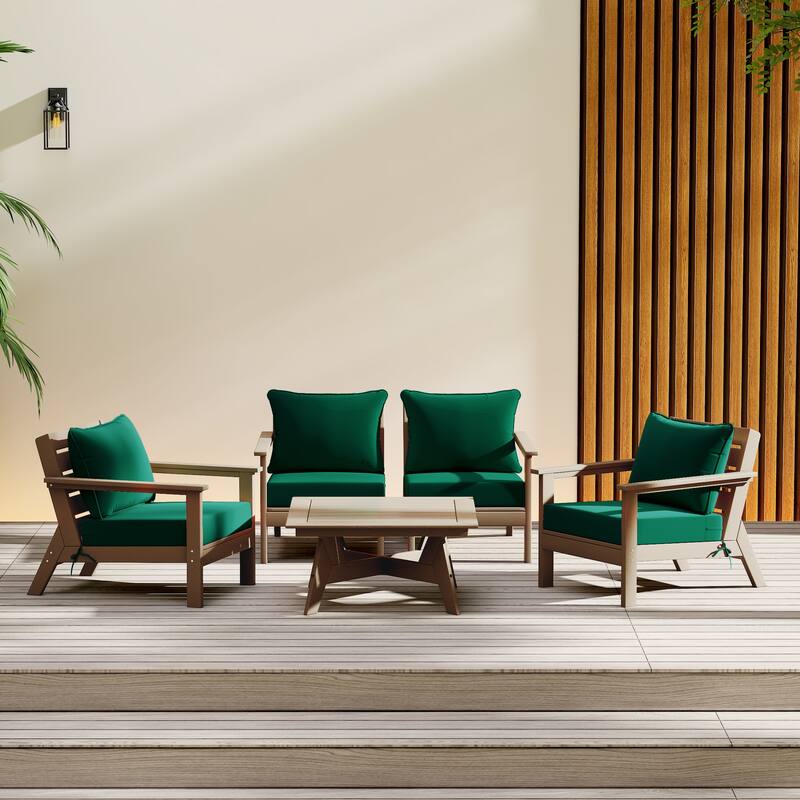 Birchwood All Weather HDPE Outdoor Patio Weathered Wood Deep Seating Conversation Set (5-Piece Set)