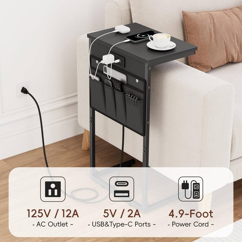 C Shaped End Table with Charging Station - 16.35"D x 10.84"W x 28.23"H