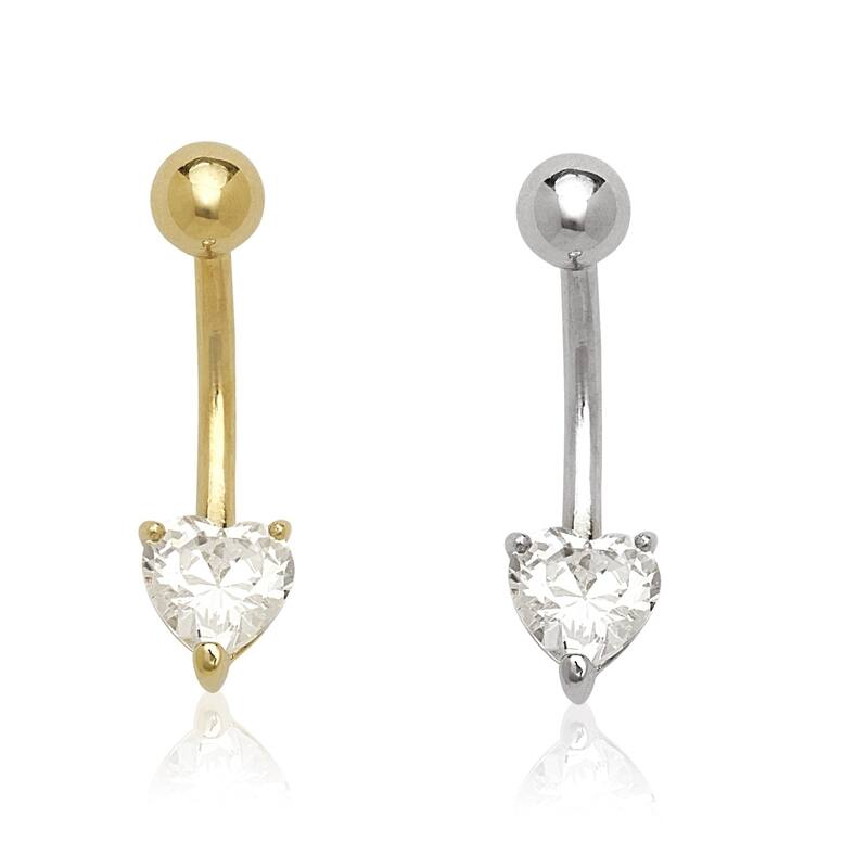 14k Gold Heart Cubic Zirconia Belly Navel Ring (14 Gauge) - White