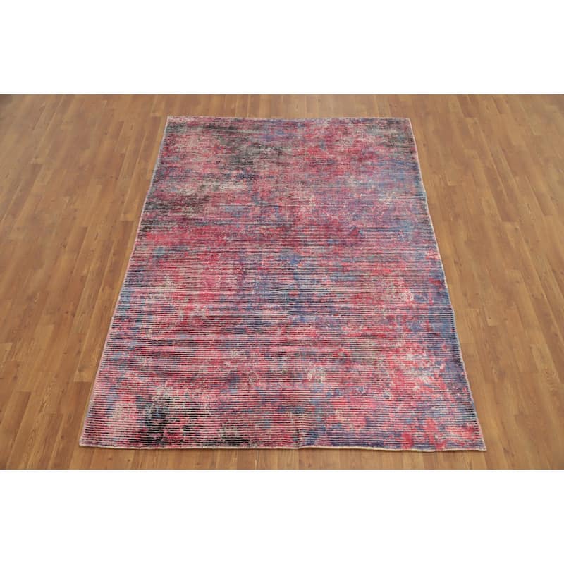 Hand Knotted Oriental Viscose Silk Carpet Modern Abstract Pink Abstract Area Rug - 7' 6'' X 5' 5''