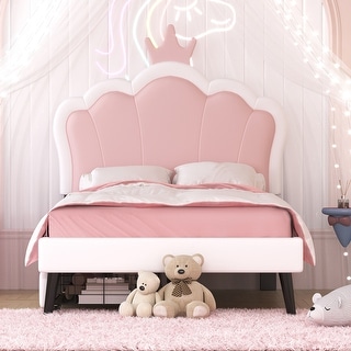 Twin Size Upholstered Platform Bed with Crown Headboard, 2 Storage Drawers, and Footboard for Kids Room