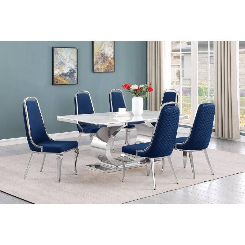 Best Quality Furniture D430/1-SC310-7 Dining Set with 68" White Marble Top - 7-Piece - Navy Blue / Silver