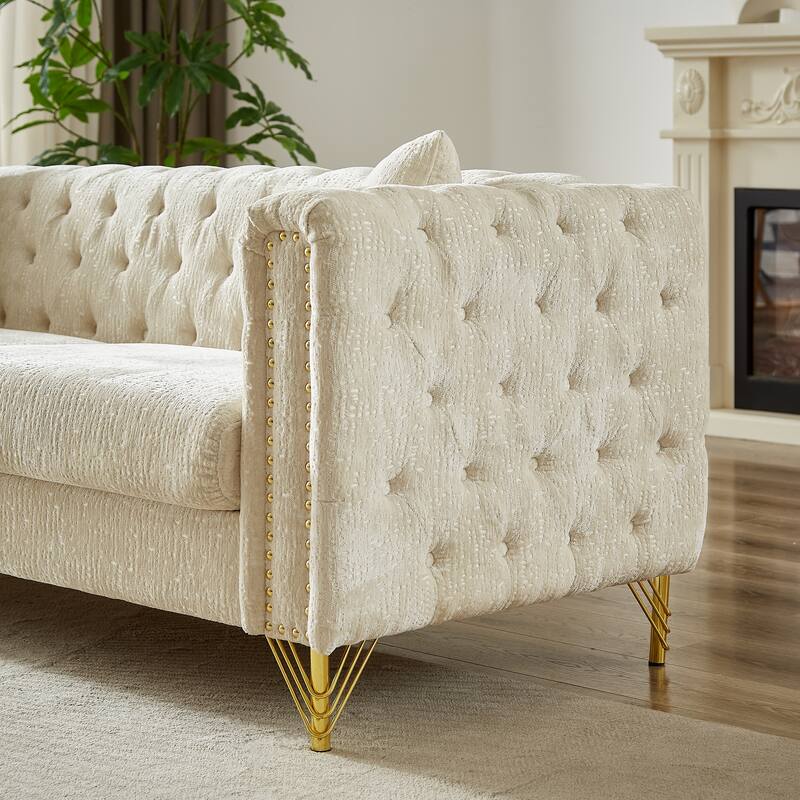 Chenille Chesterfield Sofa with Copper Nailhead Detail and Metal Legs, Button Tufted Couch for Living Room